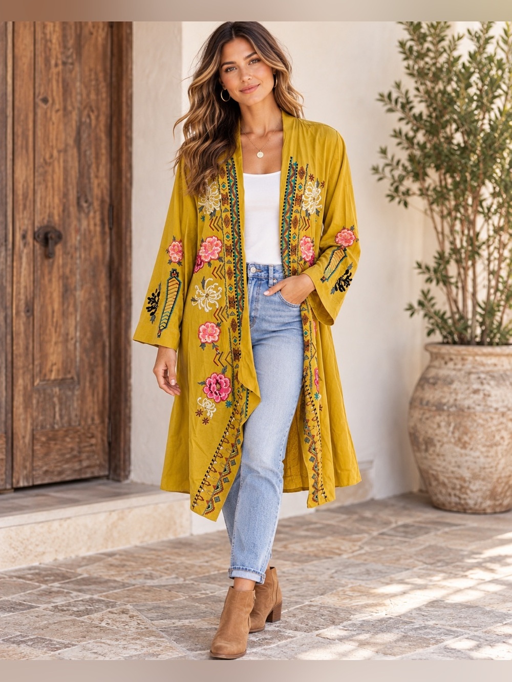 Driftwood L Mustard Embroidered Tencel Boho Kimono Duster Jacket